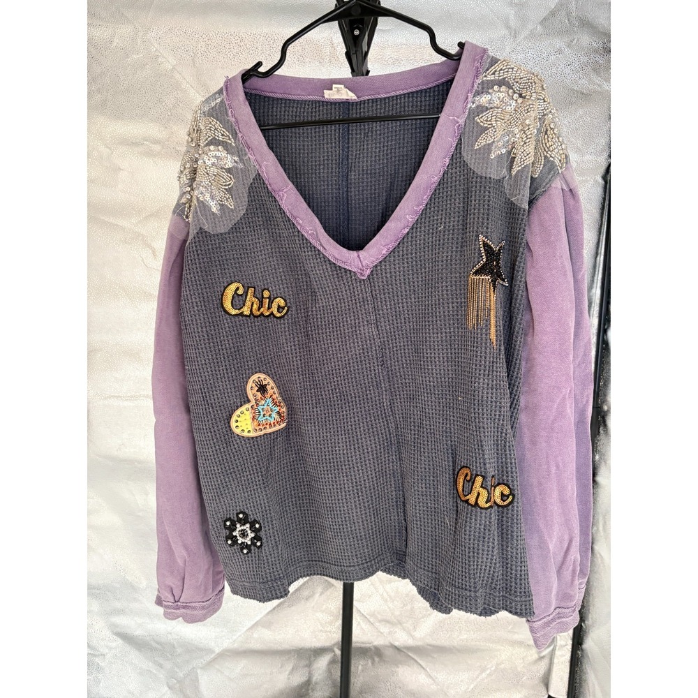 POL Lavender and Charcoal Embellished V-Neck Sweatshirt